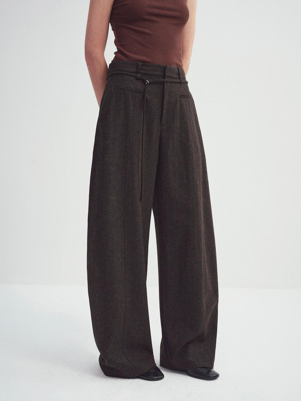 someonesometimes Cozy High Waist Casual Wool Blend Women Dark Moss Brown Wide Leg Pants