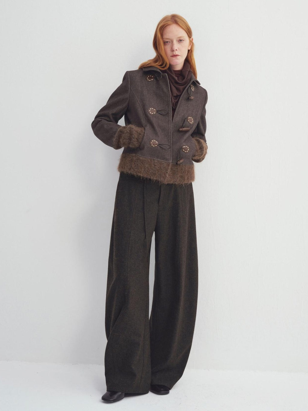 someonesometimes Cozy High Waist Casual Wool Blend Women Dark Moss Brown Wide Leg Pants