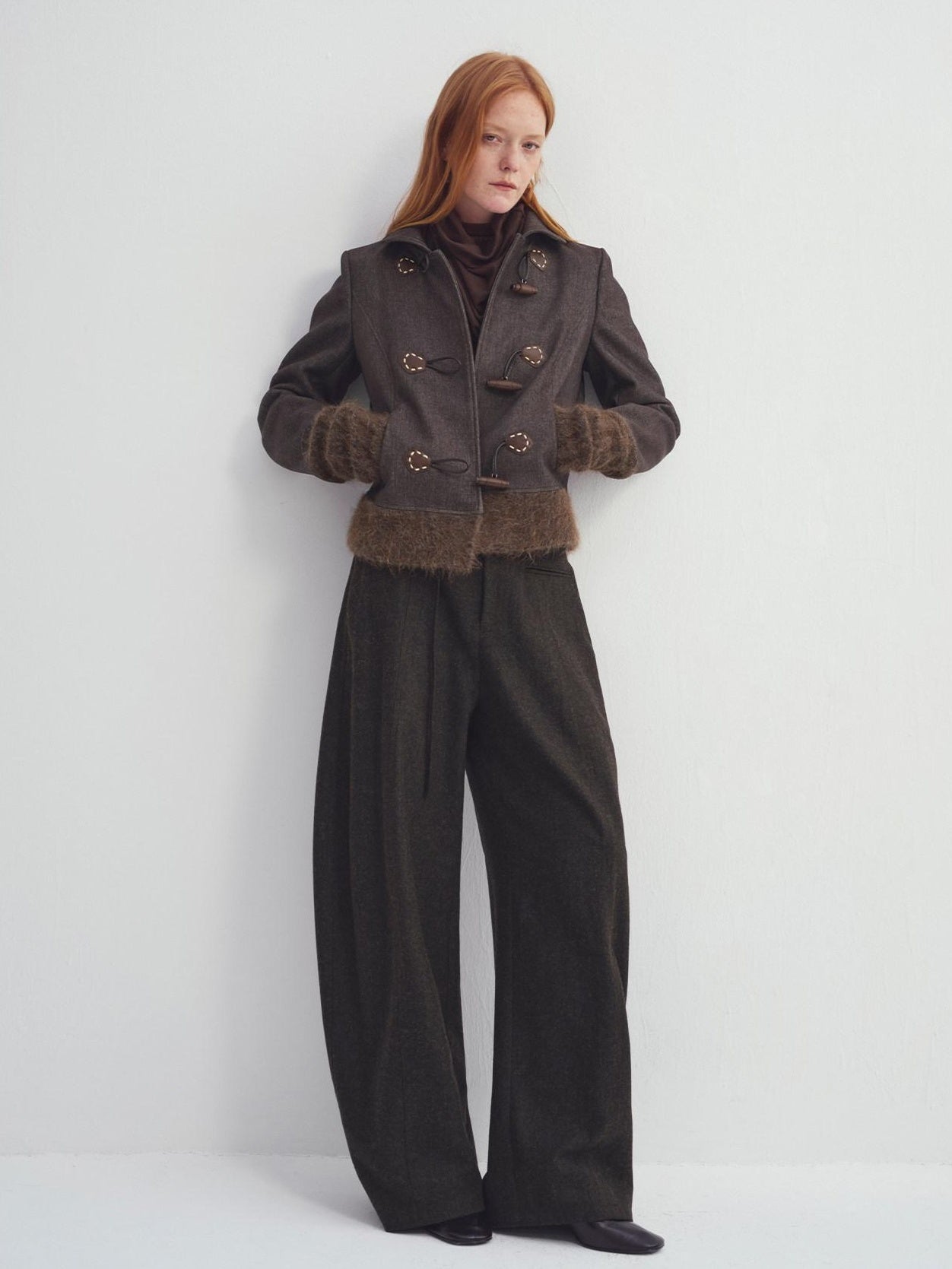 someonesometimes Cozy High Waist Casual Wool Blend Women Dark Moss Brown Wide Leg Pants