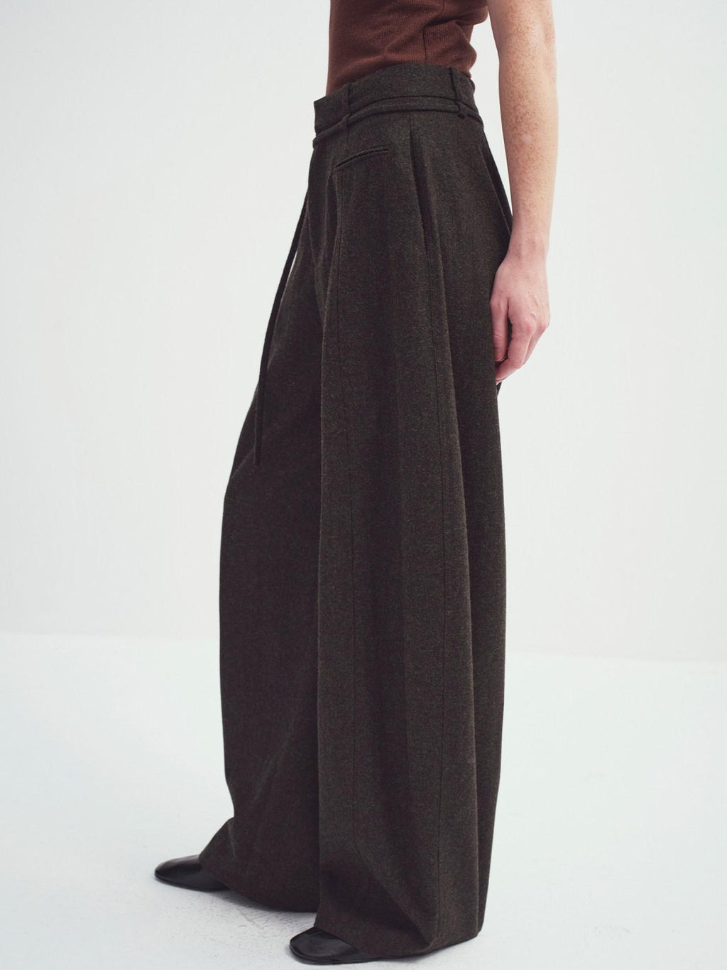 someonesometimes Cozy High Waist Casual Wool Blend Women Dark Moss Brown Wide Leg Pants