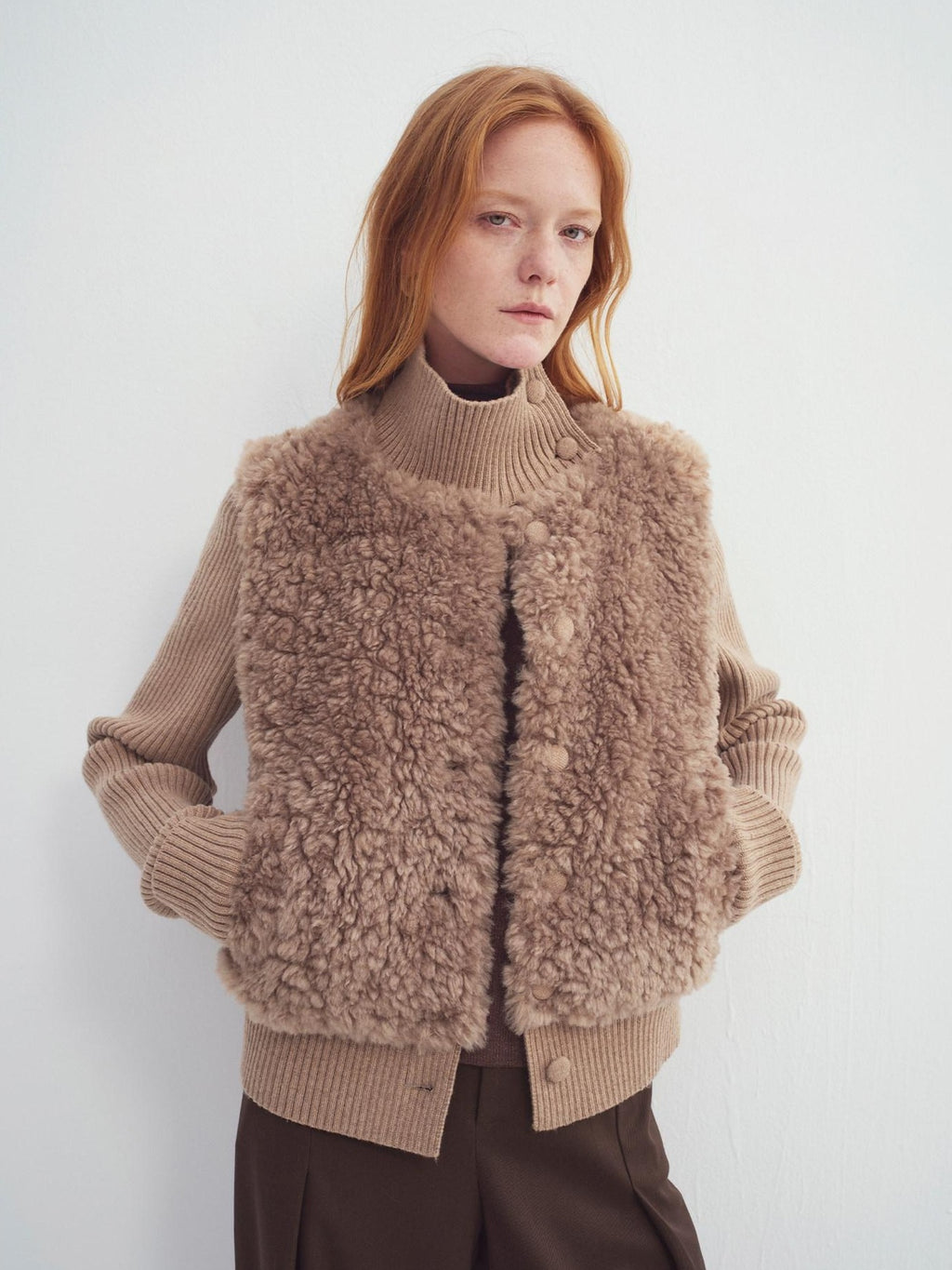 someonesometimes Cozy Stand Collar Button Loose Fit Two Piece Women Grey Brown Faux Fur Coats