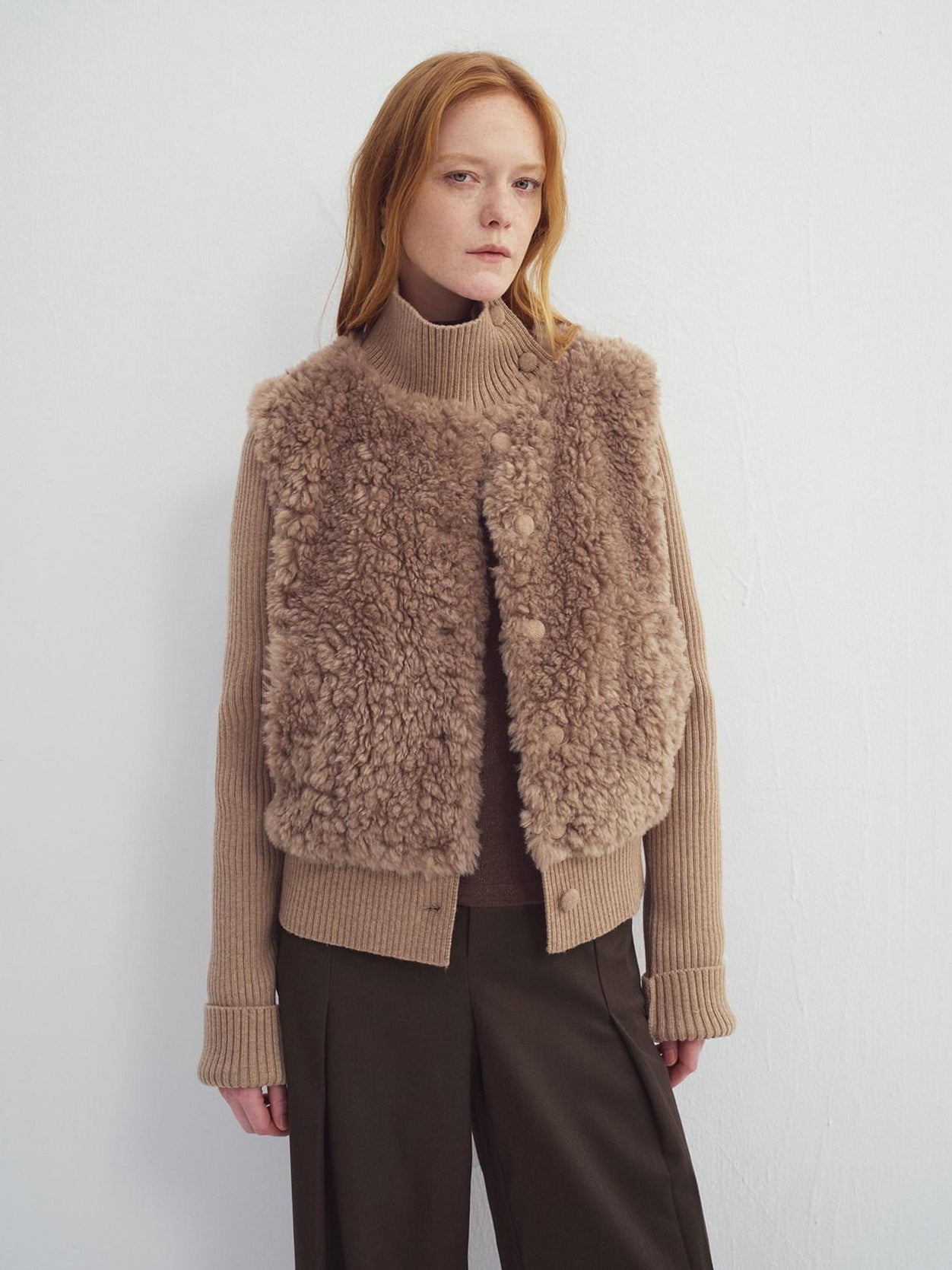 someonesometimes Cozy Stand Collar Button Loose Fit Two Piece Women Grey Brown Faux Fur Coats