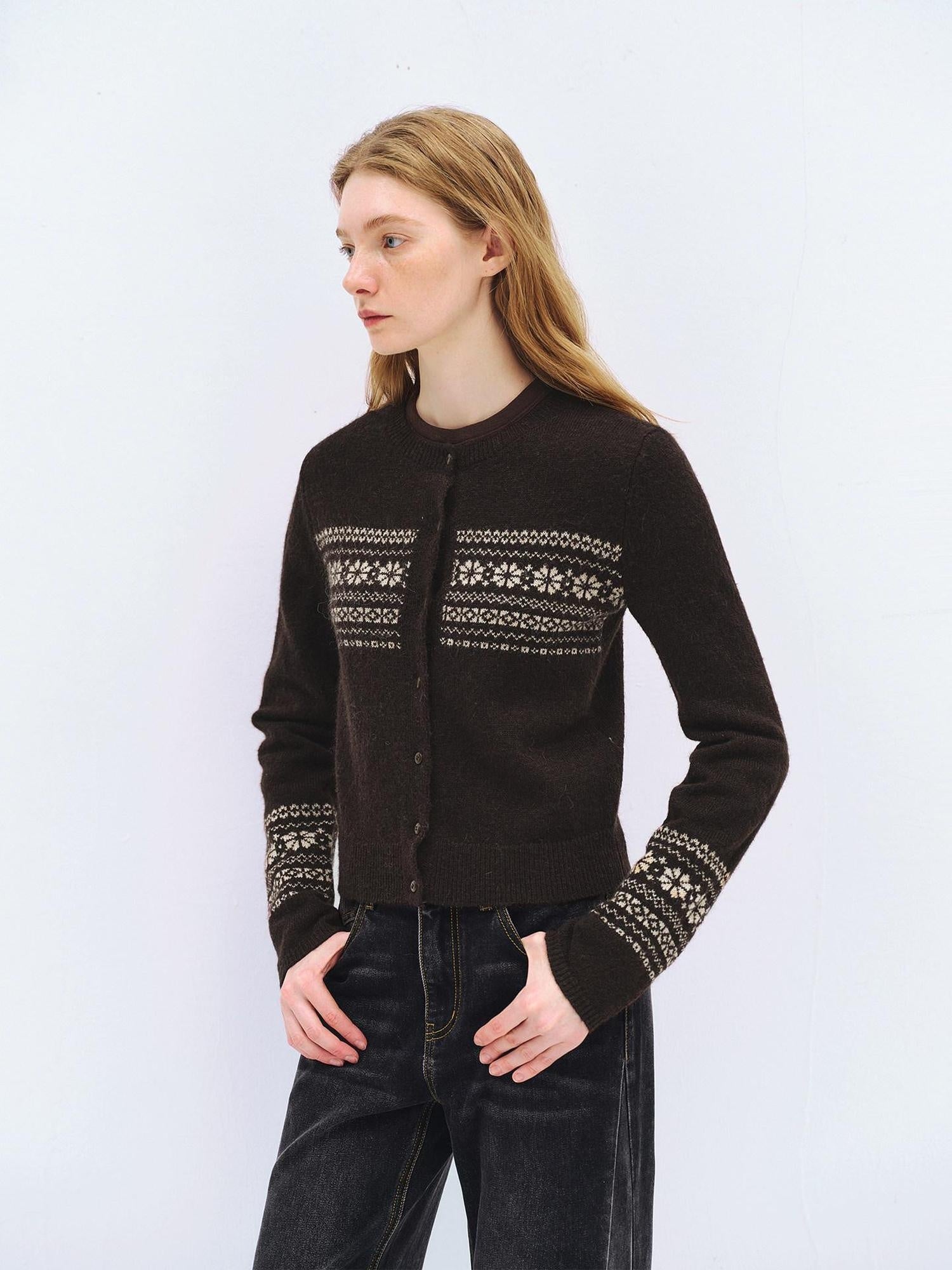someonesometimes Cozy Wool Alpaca Blend Casual Geometric Button Round Neck Women Cardigans