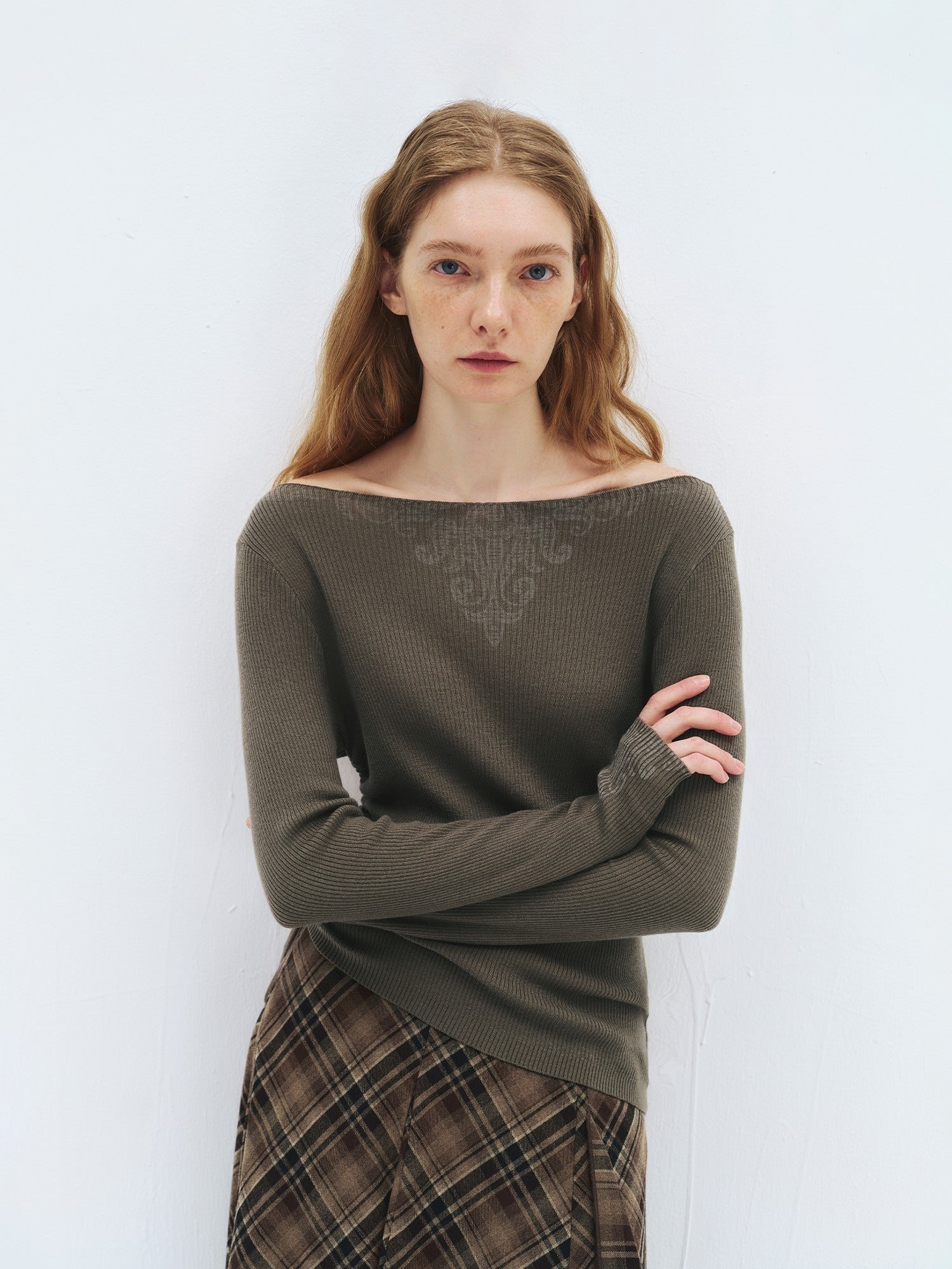 someonesometimes Cozy Wool Blend Printed Slim Fit Boat Neck Women Knit Mud Gray Sweaters