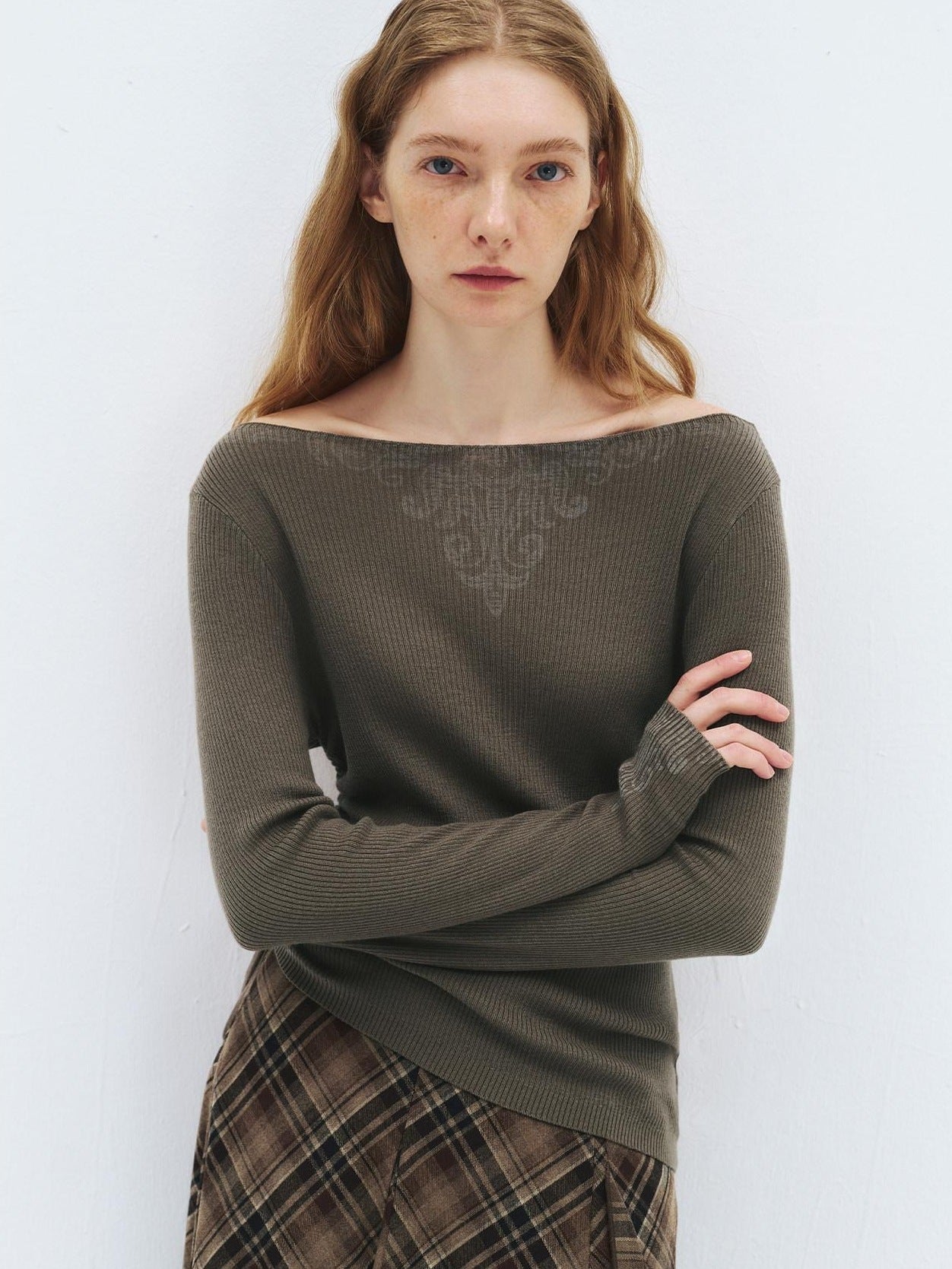 someonesometimes Cozy Wool Blend Printed Slim Fit Boat Neck Women Knit Mud Gray Sweaters