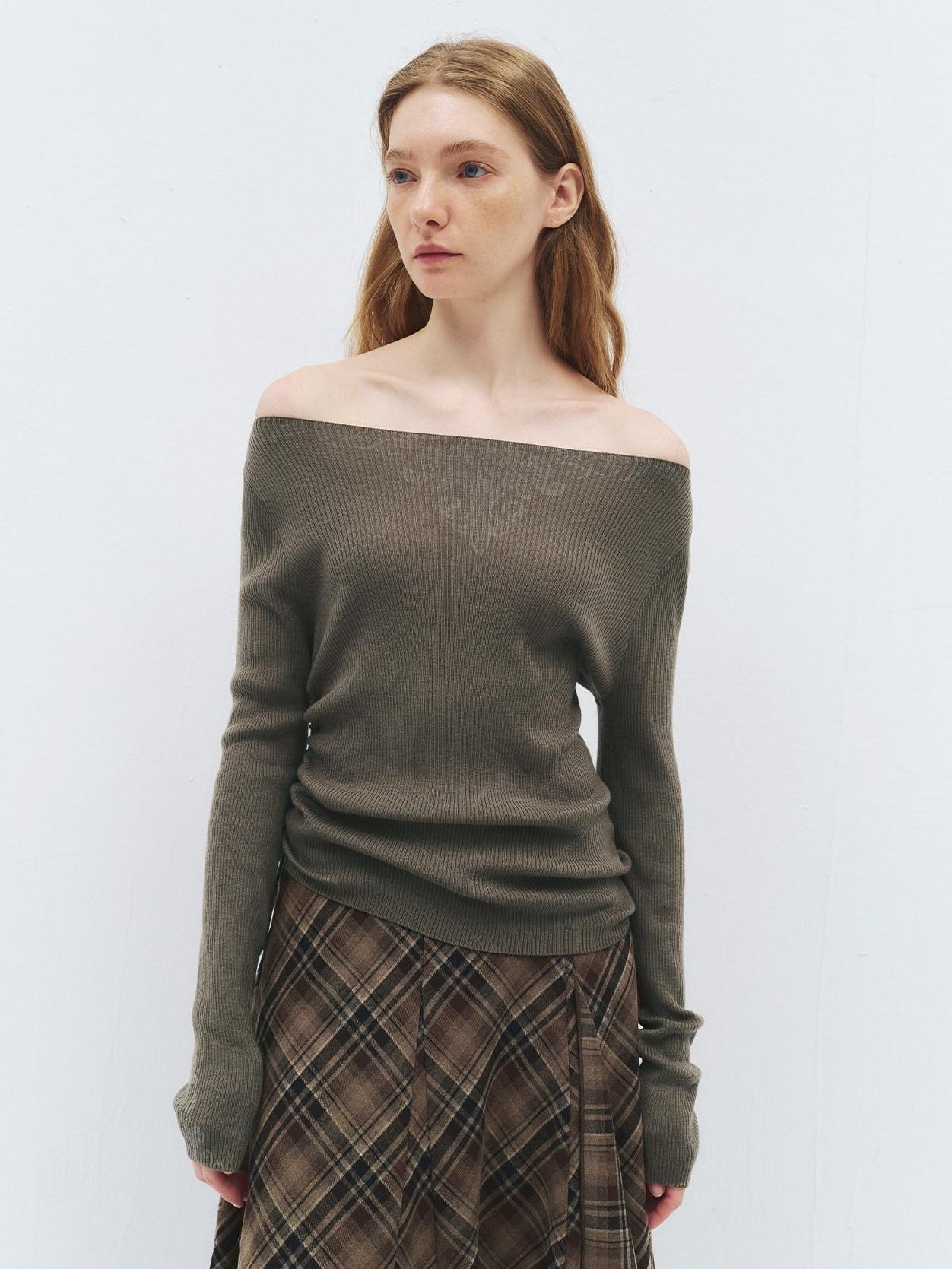 someonesometimes Cozy Wool Blend Printed Slim Fit Boat Neck Women Knit Mud Gray Sweaters