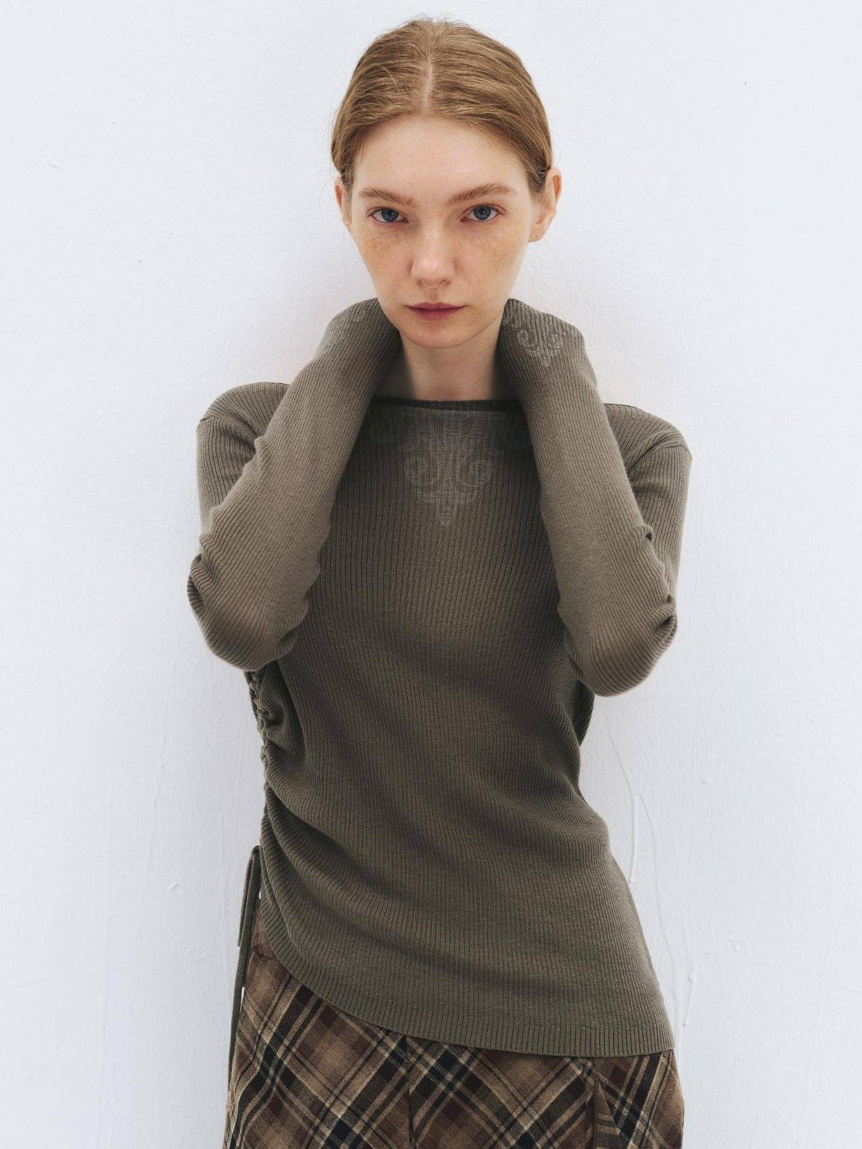 someonesometimes Cozy Wool Blend Printed Slim Fit Boat Neck Women Knit Mud Gray Sweaters