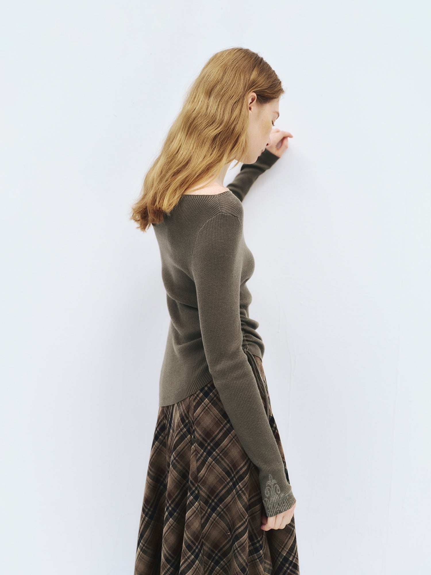 someonesometimes Cozy Wool Blend Printed Slim Fit Boat Neck Women Knit Mud Gray Sweaters
