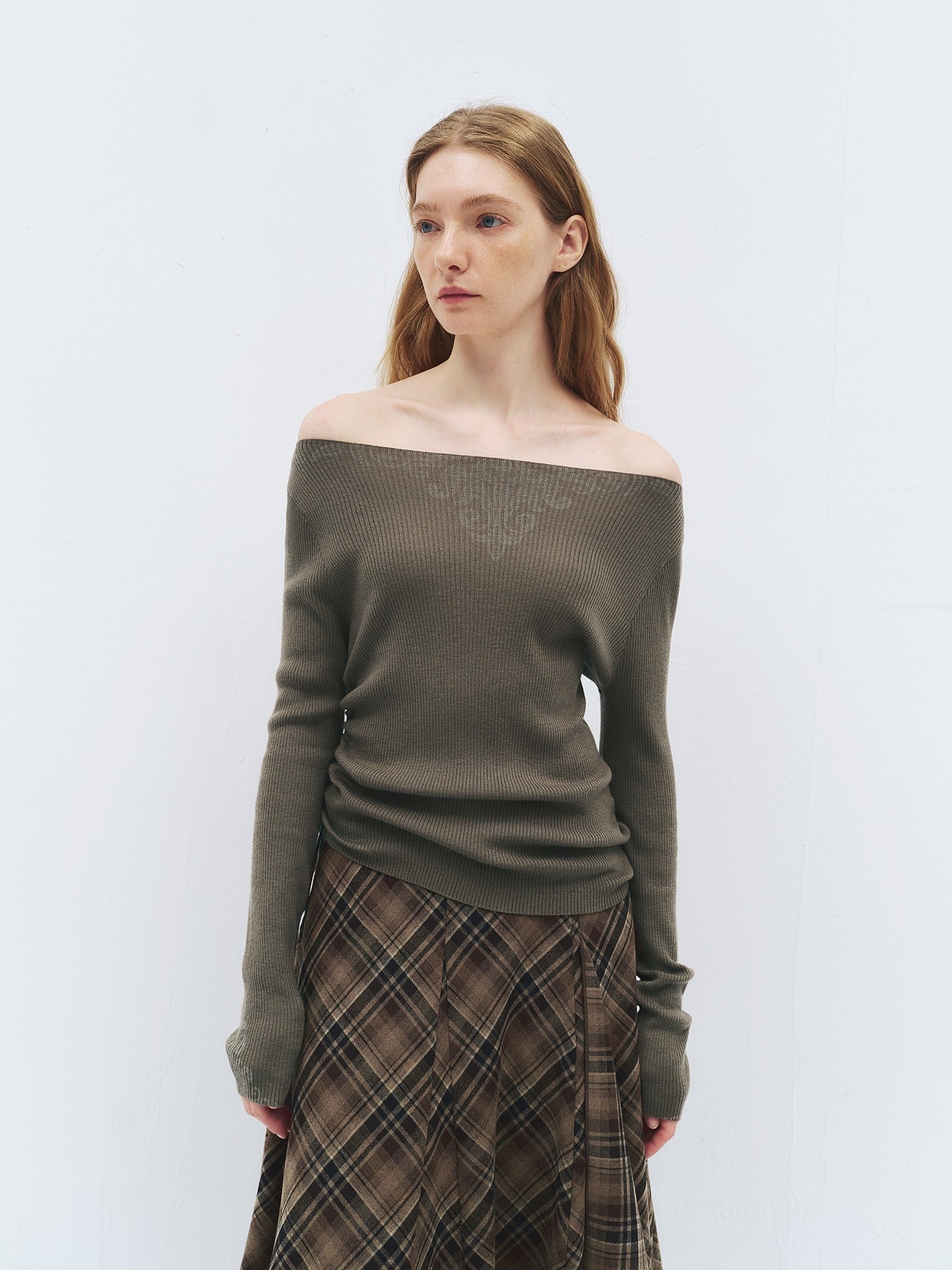 someonesometimes Cozy Wool Blend Printed Slim Fit Boat Neck Women Knit Mud Gray Sweaters