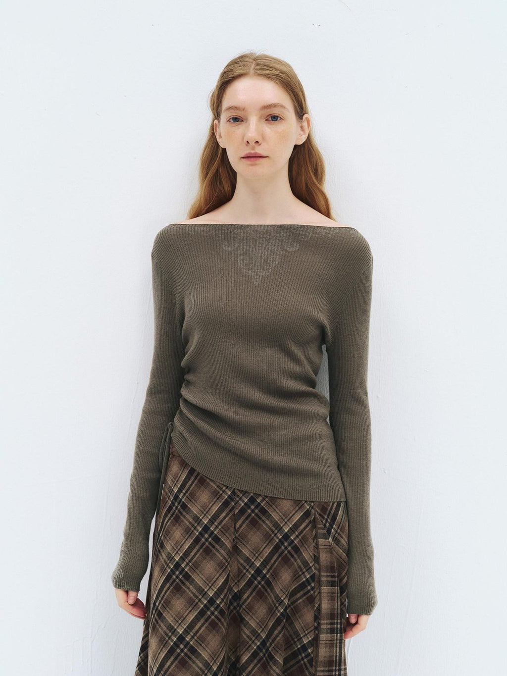 someonesometimes Cozy Wool Blend Printed Slim Fit Boat Neck Women Knit Mud Gray Sweaters