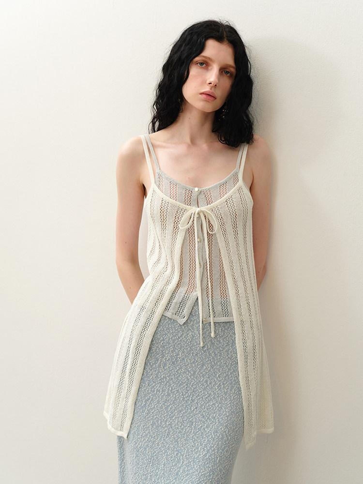 someonesometimes Cutout Mesh Layered Look Original Slim Fit Strappy Solid Cotton Blend Camisoles