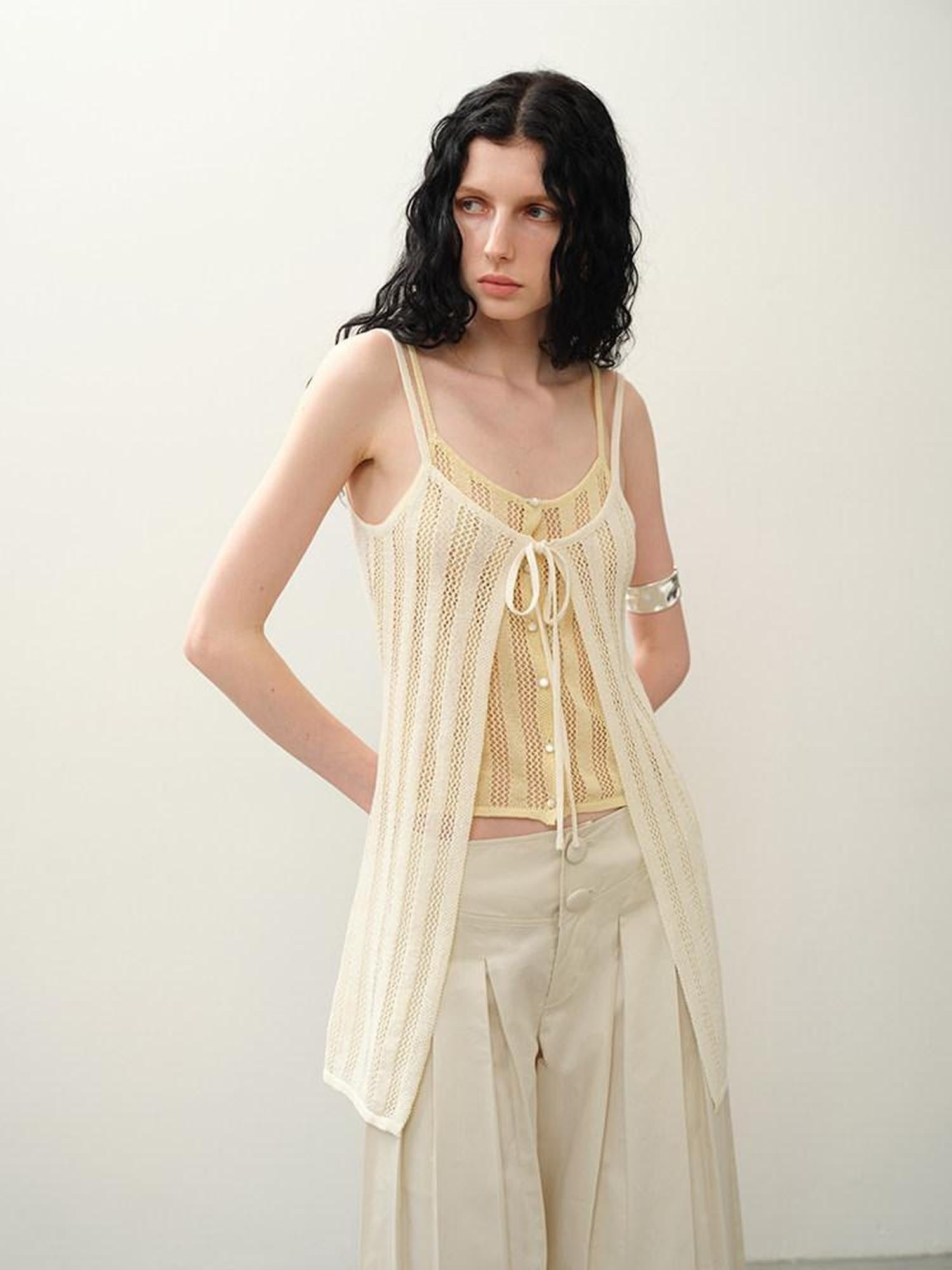 someonesometimes Cutout Mesh Layered Look Original Slim Fit Strappy Solid Cotton Blend Camisoles