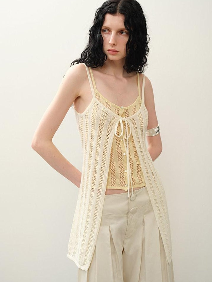 someonesometimes Cutout Mesh Layered Look Original Slim Fit Strappy Solid Cotton Blend Camisoles