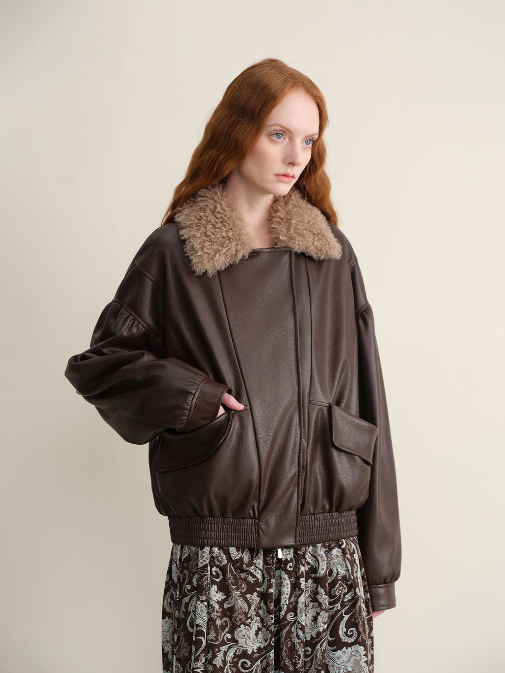 someonesometimes Detachable Faux Fur Retro Loose Fit Zip Women Mocha Bomber Jackets