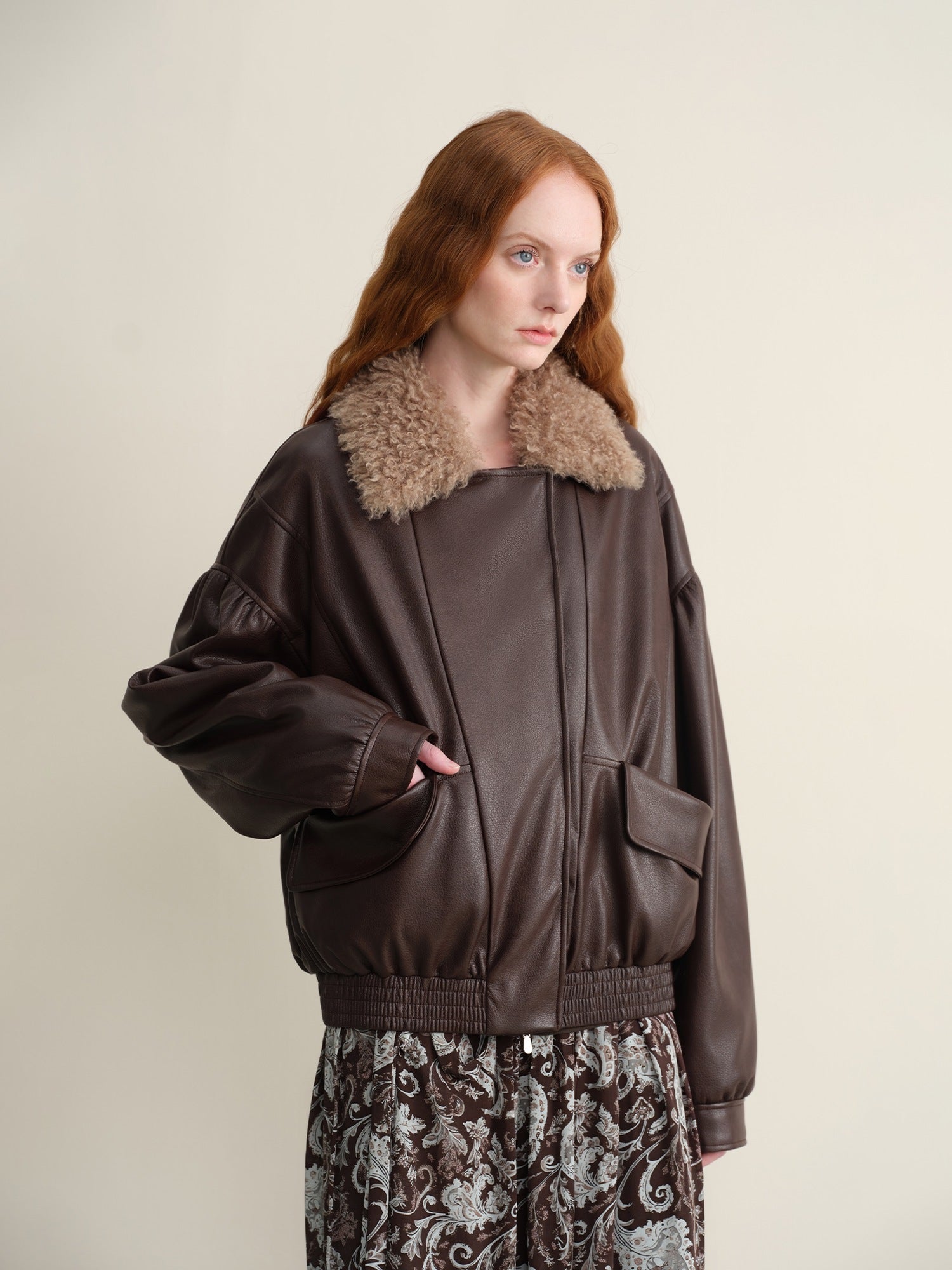 someonesometimes Detachable Faux Fur Retro Loose Fit Zip Women Mocha Bomber Jackets