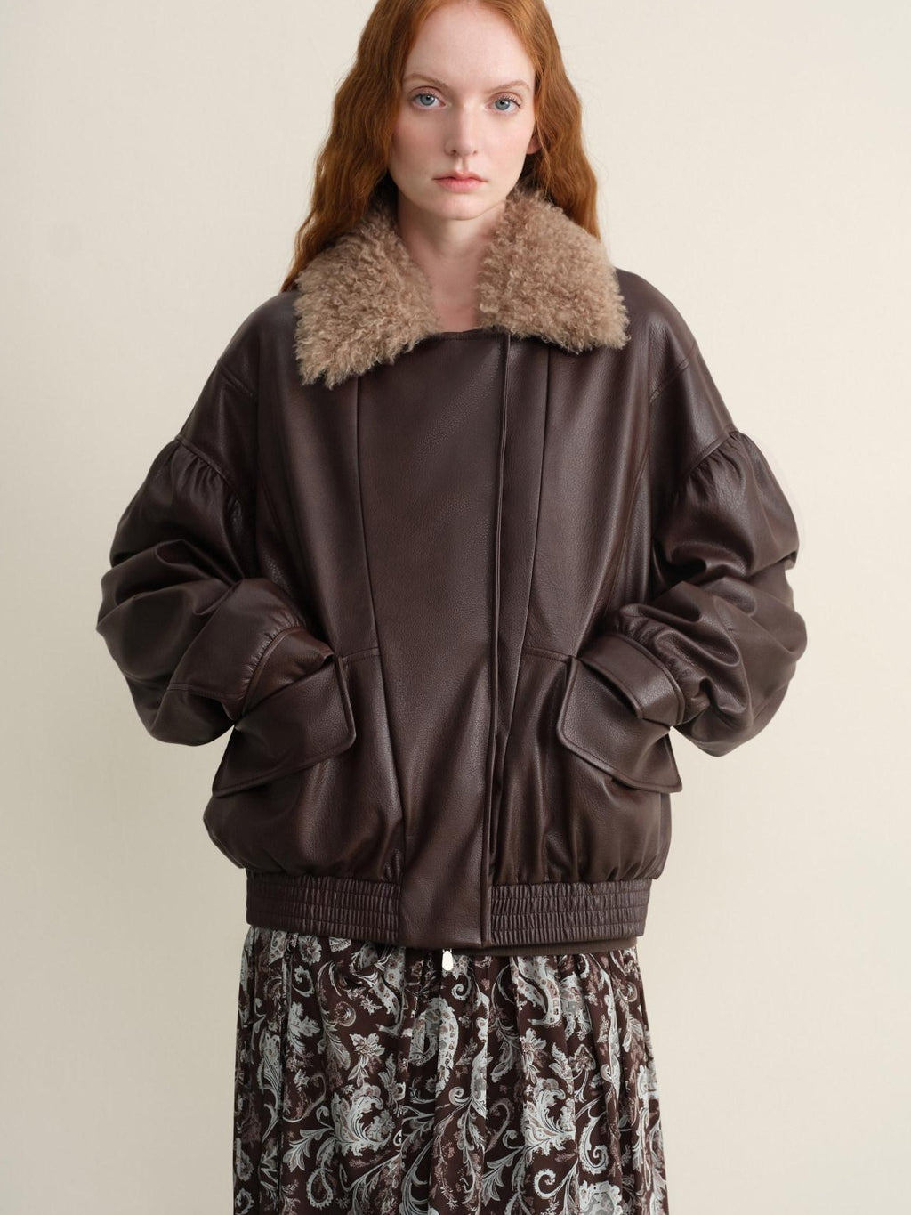 someonesometimes Detachable Faux Fur Retro Loose Fit Zip Women Mocha Bomber Jackets