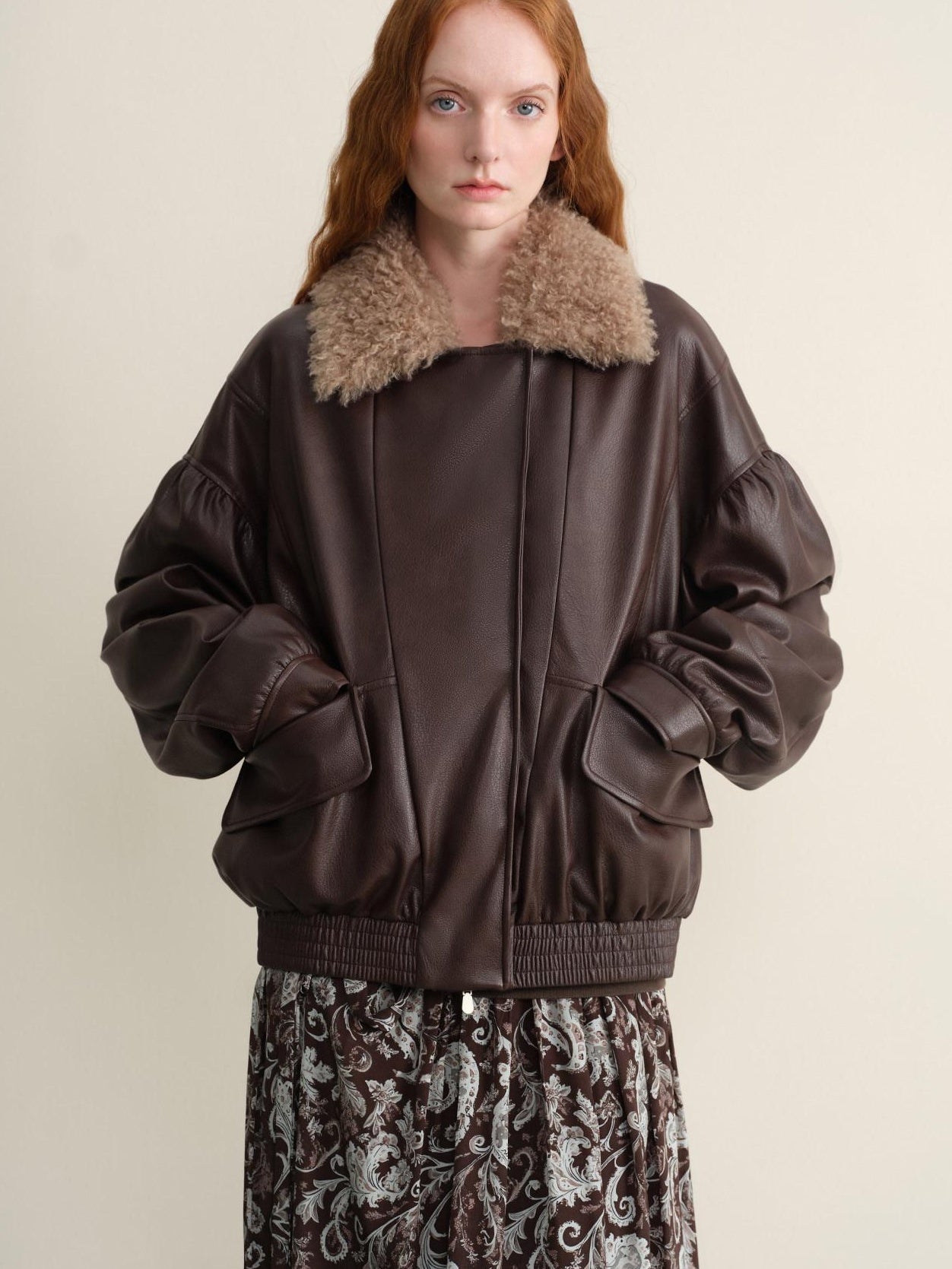 someonesometimes Detachable Faux Fur Retro Loose Fit Zip Women Mocha Bomber Jackets