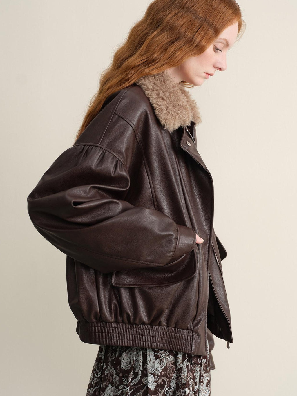 someonesometimes Detachable Faux Fur Retro Loose Fit Zip Women Mocha Bomber Jackets