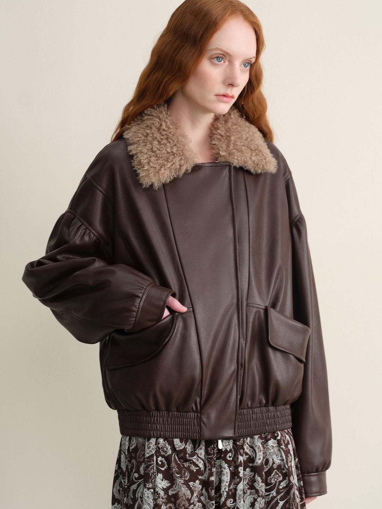someonesometimes Detachable Faux Fur Retro Loose Fit Zip Women Mocha Bomber Jackets