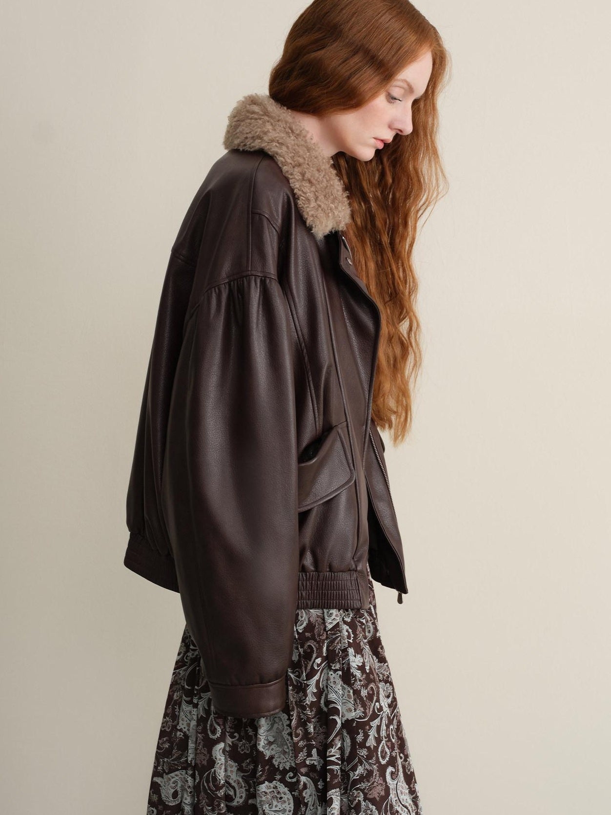 someonesometimes Detachable Faux Fur Retro Loose Fit Zip Women Mocha Bomber Jackets