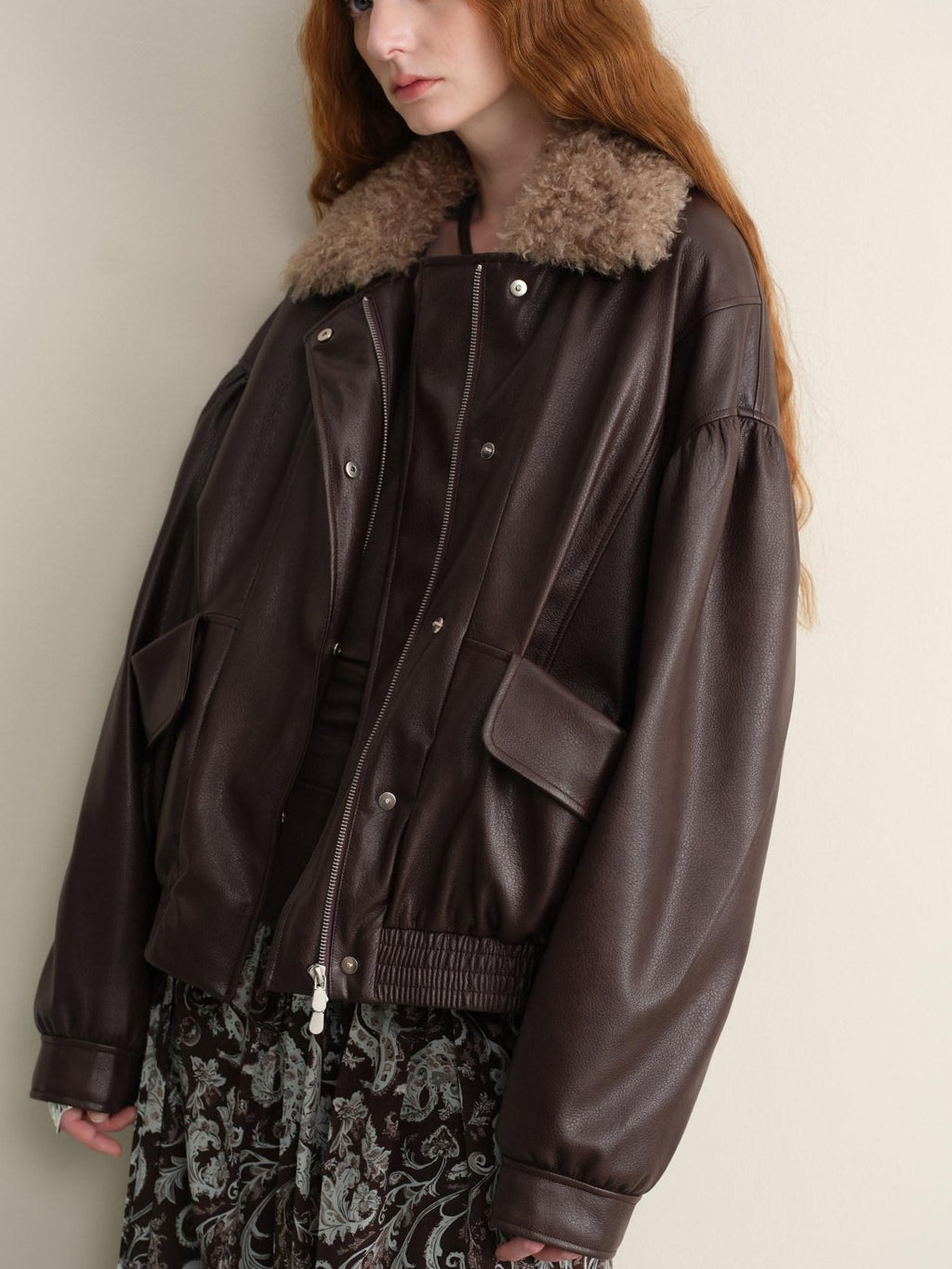 someonesometimes Detachable Faux Fur Retro Loose Fit Zip Women Mocha Bomber Jackets