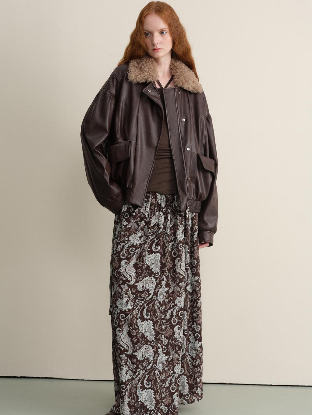 someonesometimes Detachable Faux Fur Retro Loose Fit Zip Women Mocha Bomber Jackets