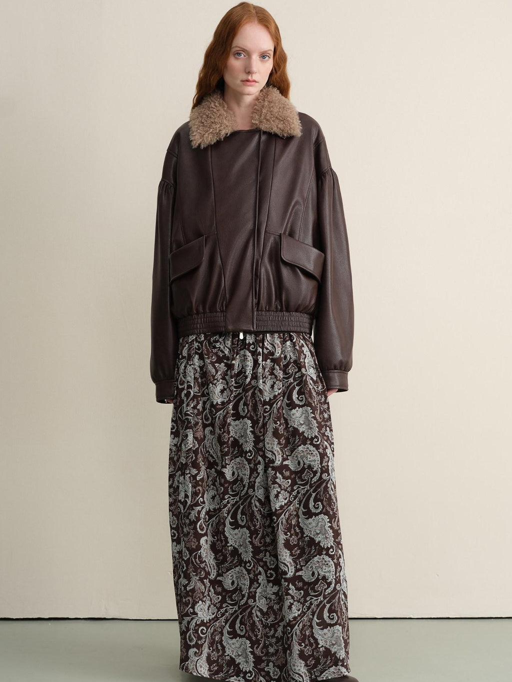 someonesometimes Detachable Faux Fur Retro Loose Fit Zip Women Mocha Bomber Jackets