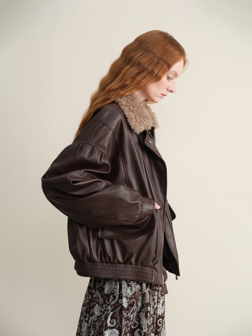 someonesometimes Detachable Faux Fur Retro Loose Fit Zip Women Mocha Bomber Jackets