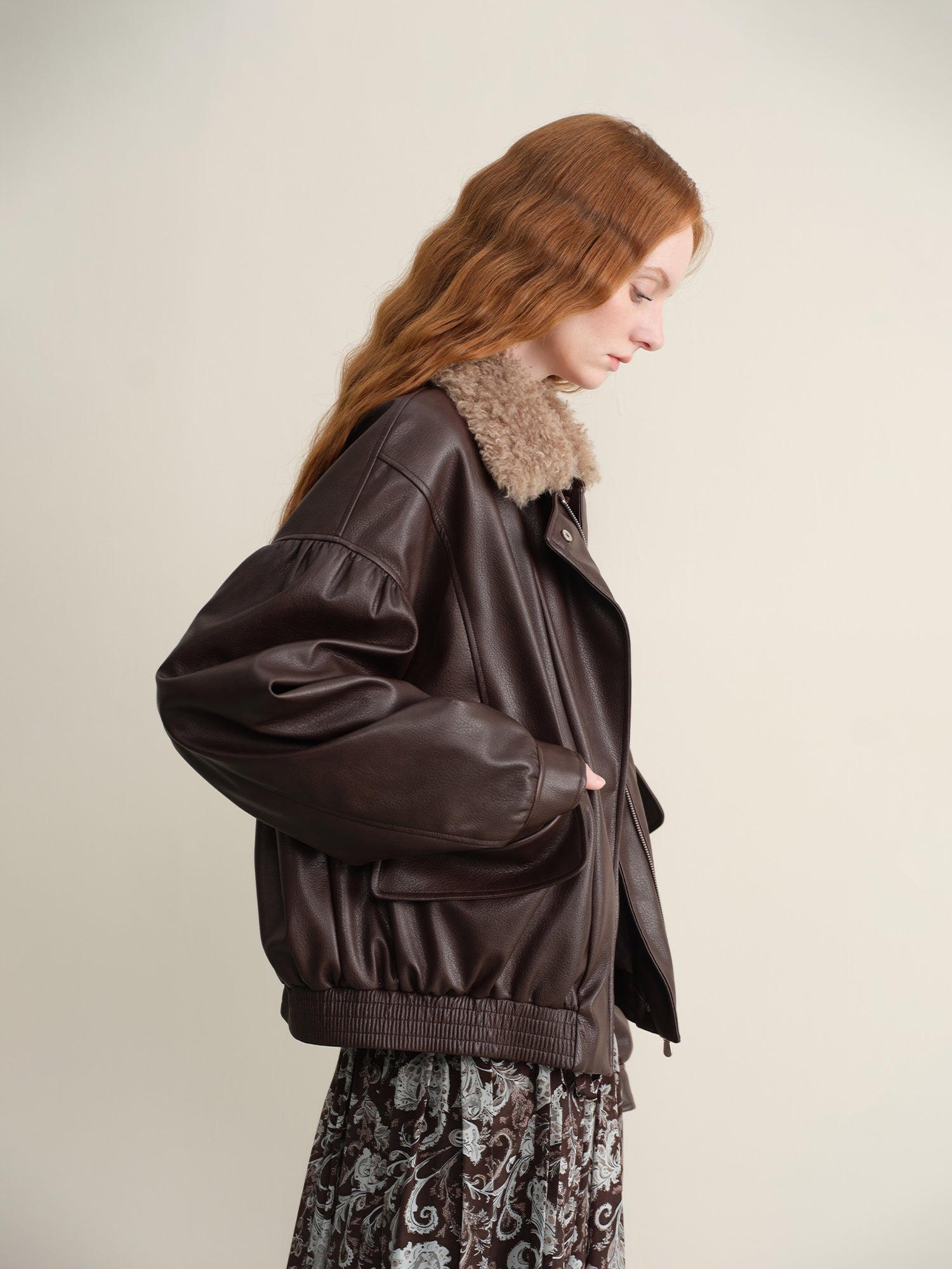 someonesometimes Detachable Faux Fur Retro Loose Fit Zip Women Mocha Bomber Jackets