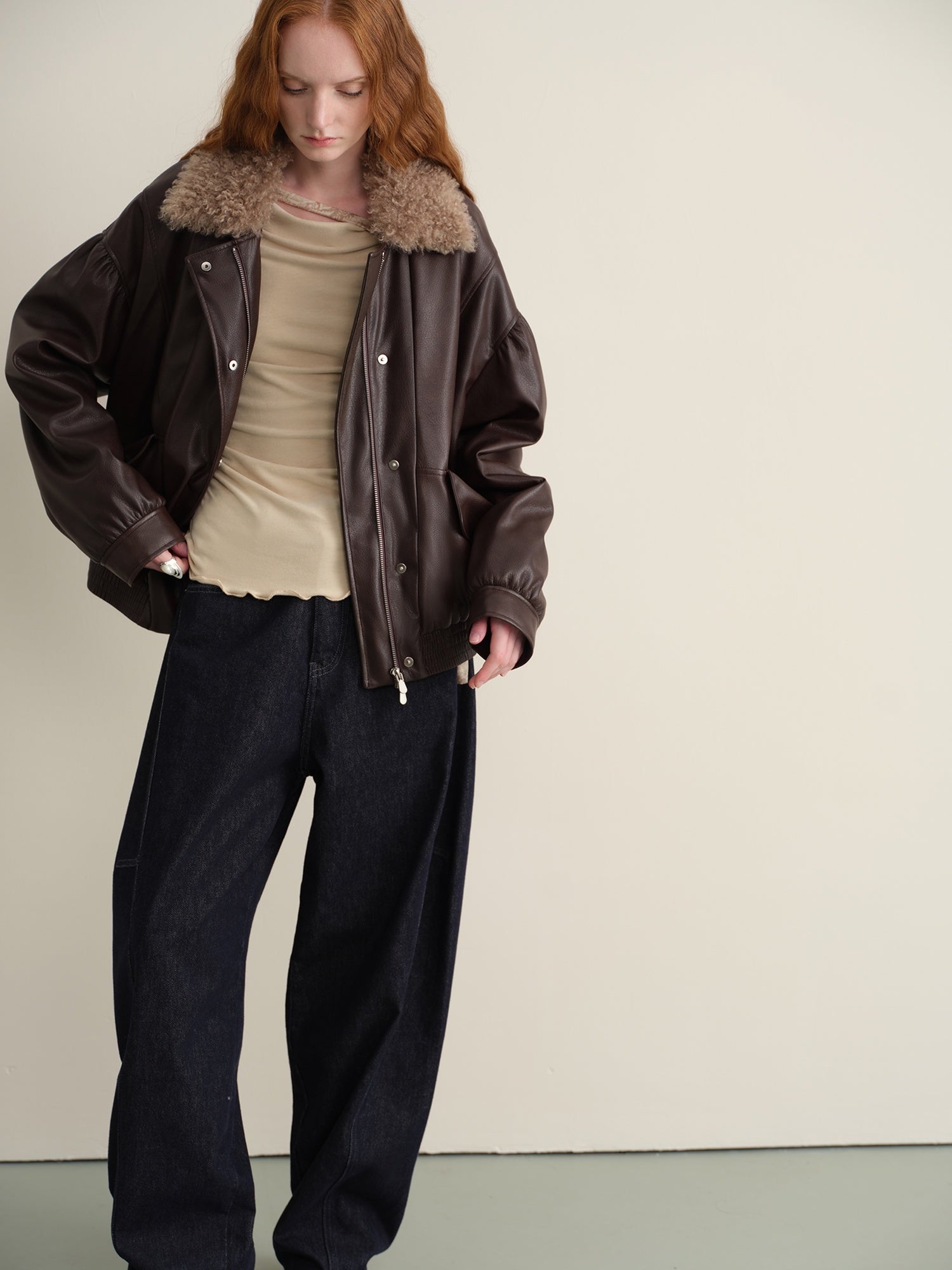 someonesometimes Detachable Faux Fur Retro Loose Fit Zip Women Mocha Bomber Jackets