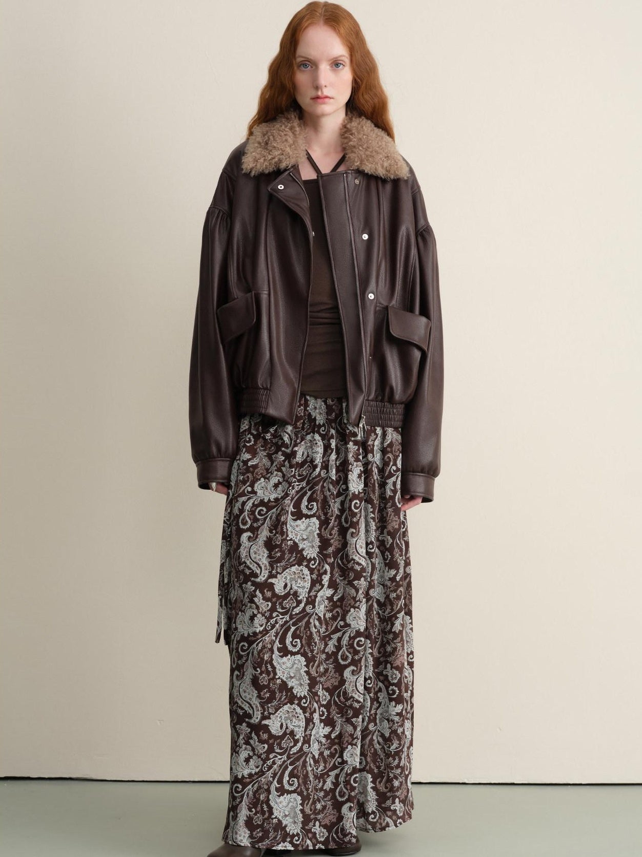 someonesometimes Detachable Faux Fur Retro Loose Fit Zip Women Mocha Bomber Jackets
