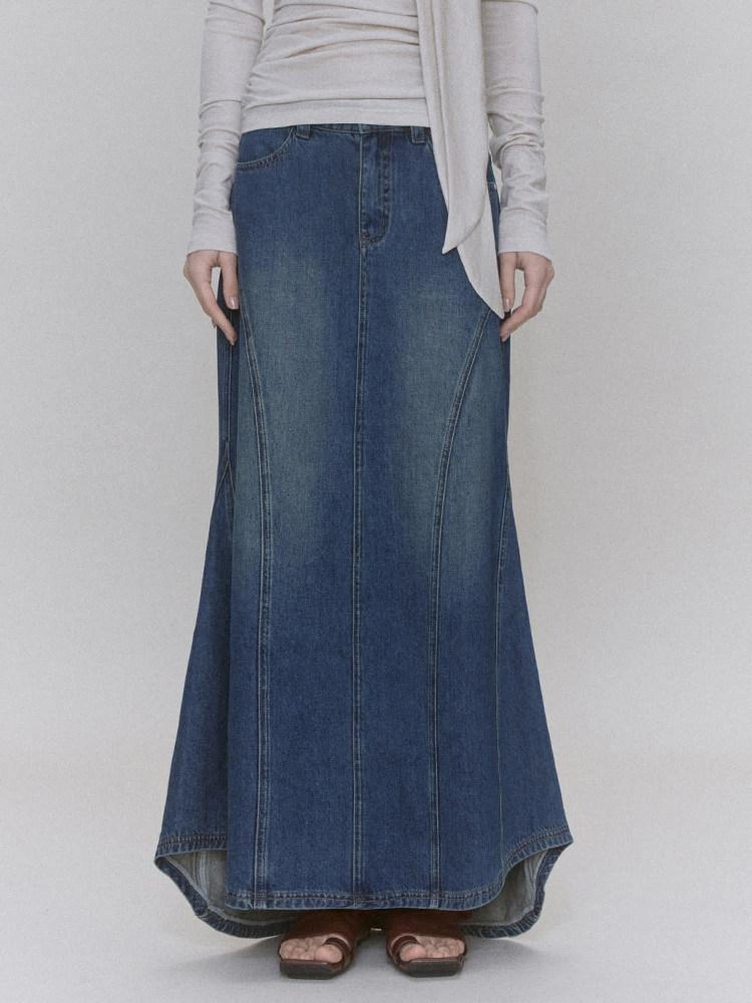 someonesometimes Distressed Low Waist Workwear Aline Fishtail Womens Denim Maxi Skirts