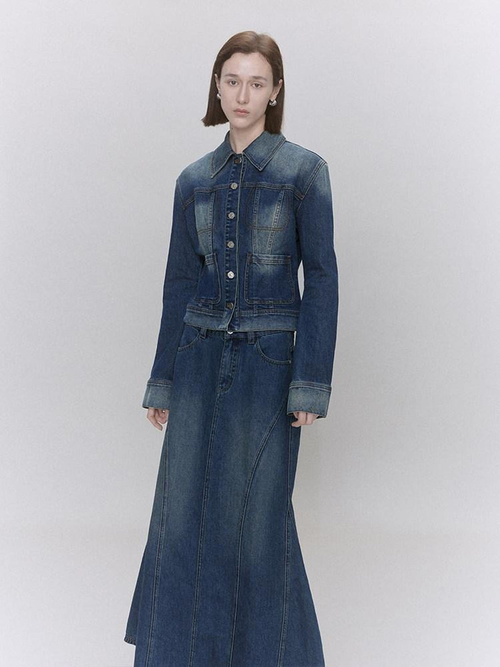 someonesometimes Distressed Low Waist Workwear Aline Fishtail Womens Denim Maxi Skirts