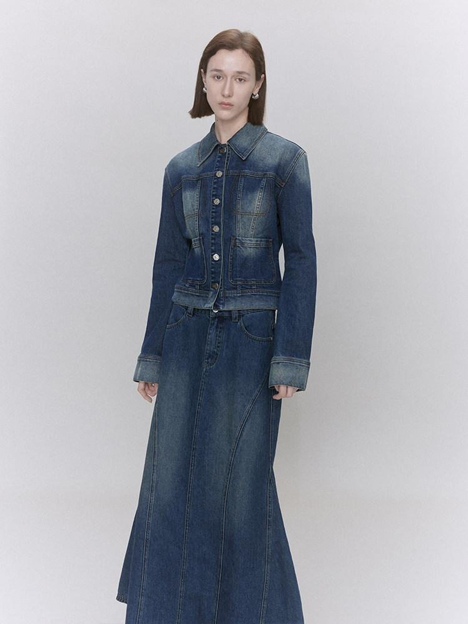 someonesometimes Distressed Low Waist Workwear Aline Fishtail Womens Denim Maxi Skirts