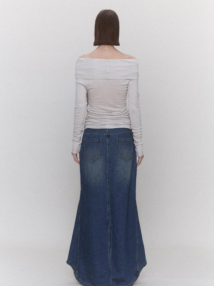 someonesometimes Distressed Low Waist Workwear Aline Fishtail Womens Denim Maxi Skirts