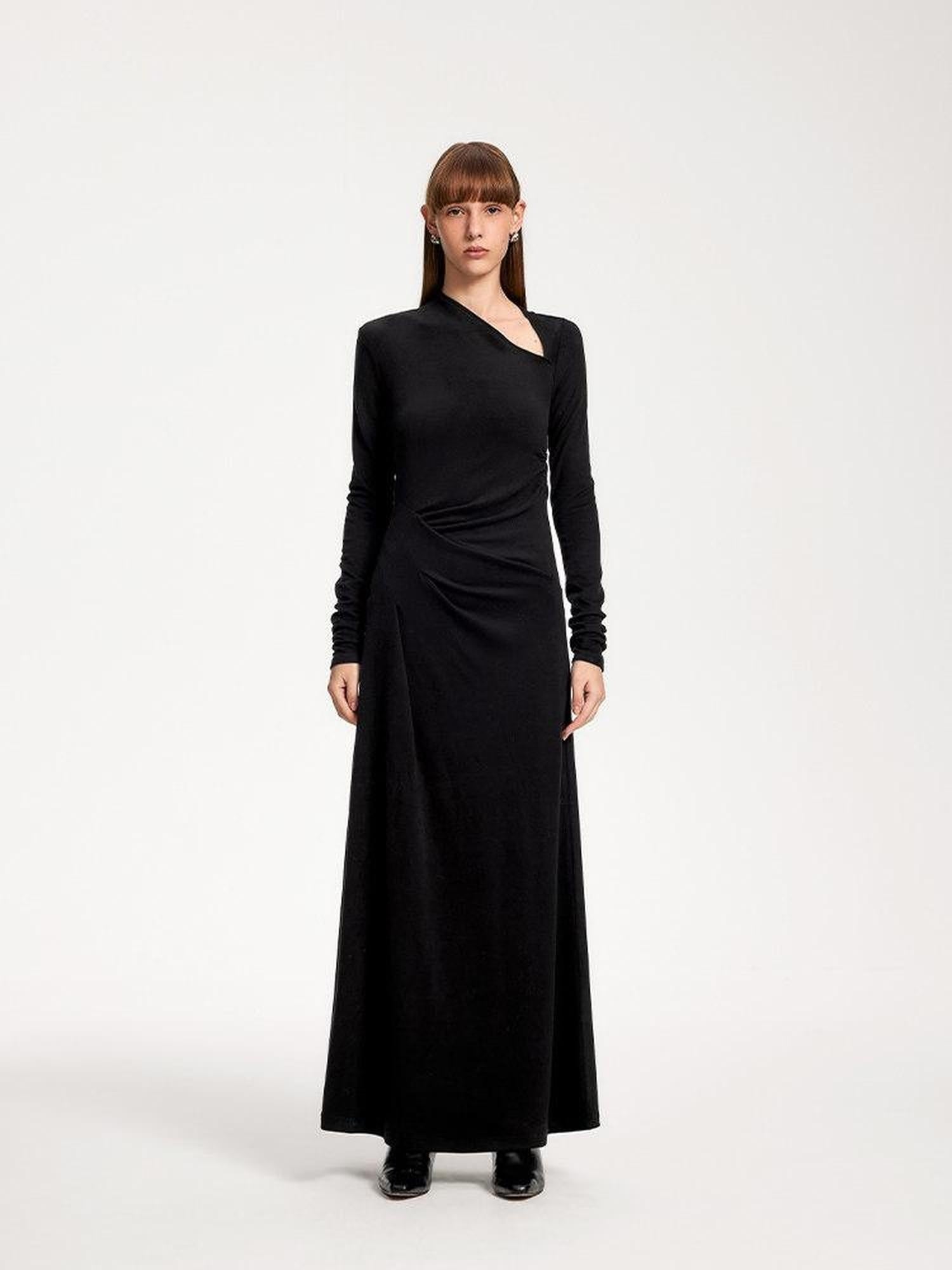 someonesometimes Elegant Long Sleeve Acrylic Blend Asymmetric Hem Women Black Maxi Dresses