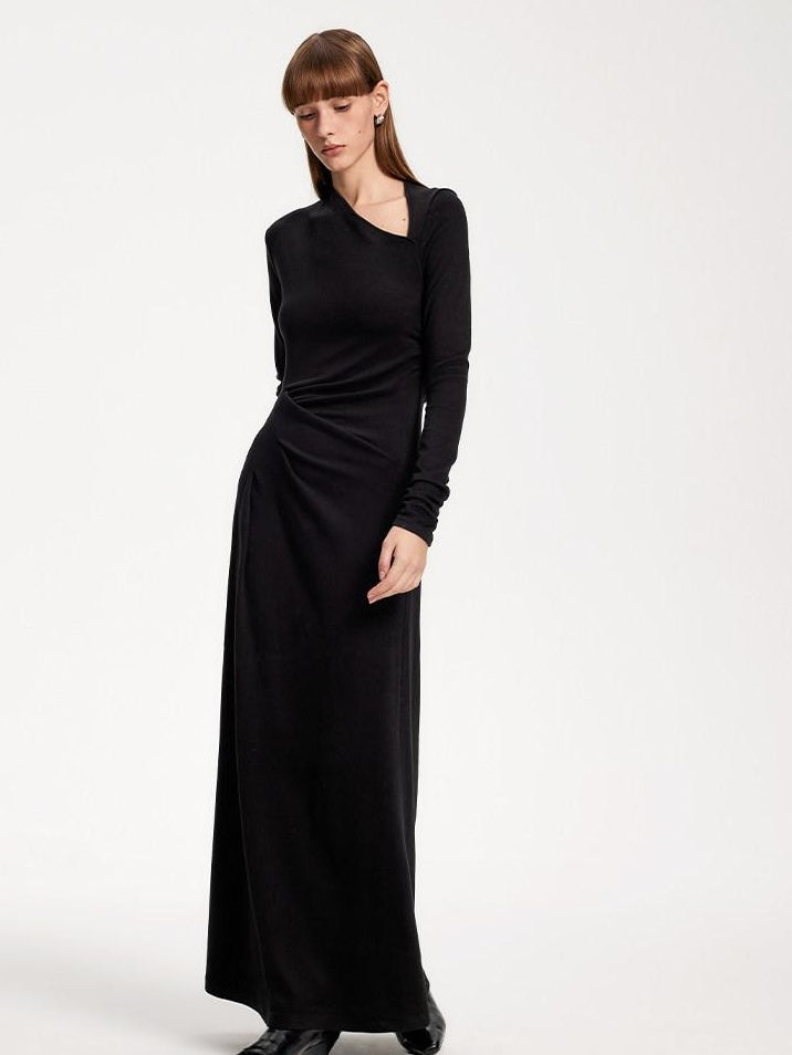 someonesometimes Elegant Long Sleeve Acrylic Blend Asymmetric Hem Women Black Maxi Dresses