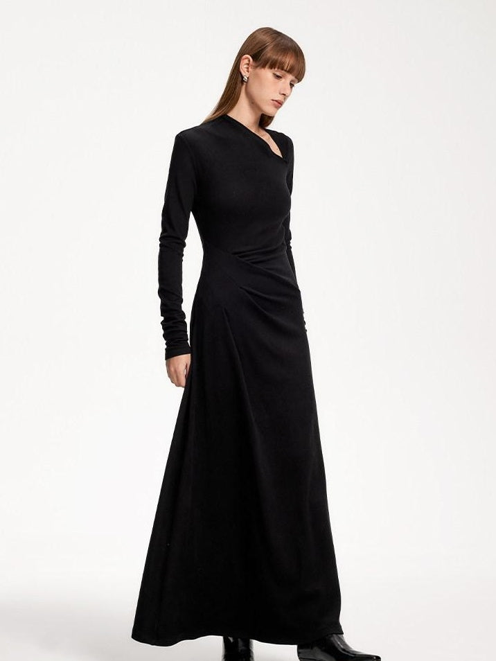 someonesometimes Elegant Long Sleeve Acrylic Blend Asymmetric Hem Women Black Maxi Dresses