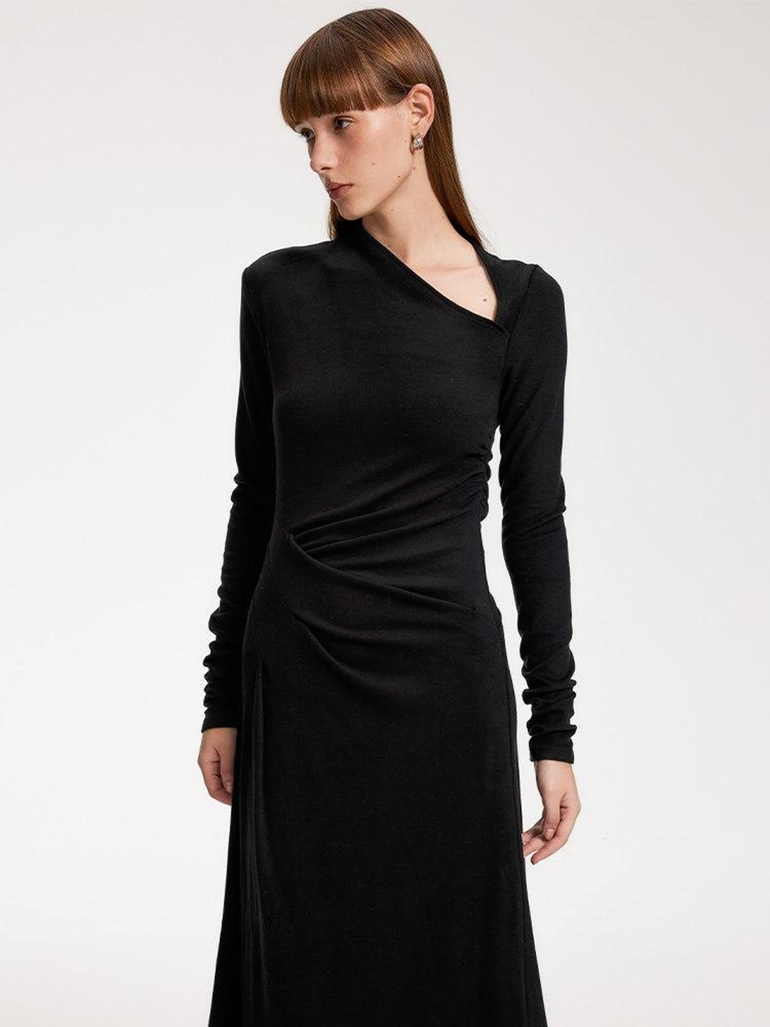 someonesometimes Elegant Long Sleeve Acrylic Blend Asymmetric Hem Women Black Maxi Dresses