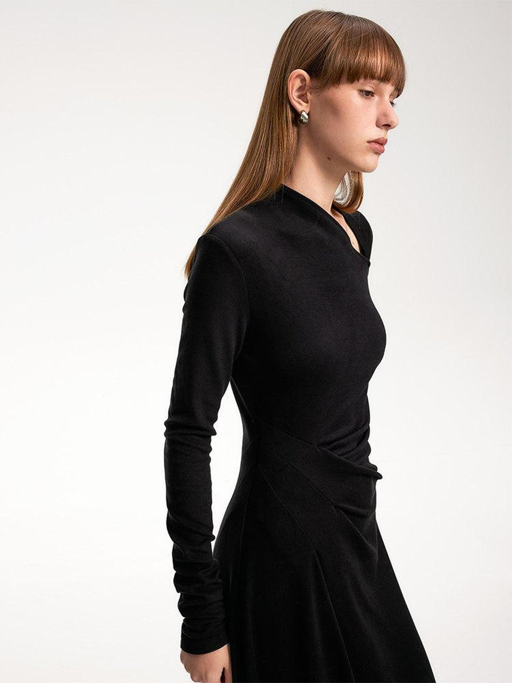 someonesometimes Elegant Long Sleeve Acrylic Blend Asymmetric Hem Women Black Maxi Dresses