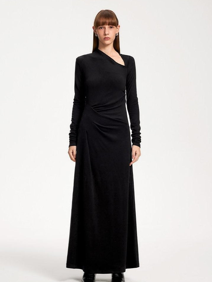 someonesometimes Elegant Long Sleeve Acrylic Blend Asymmetric Hem Women Black Maxi Dresses