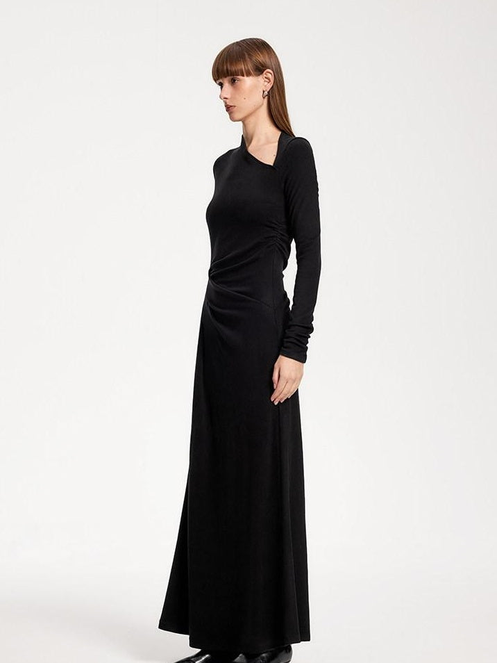 someonesometimes Elegant Long Sleeve Acrylic Blend Asymmetric Hem Women Black Maxi Dresses