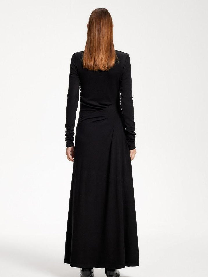 someonesometimes Elegant Long Sleeve Acrylic Blend Asymmetric Hem Women Black Maxi Dresses