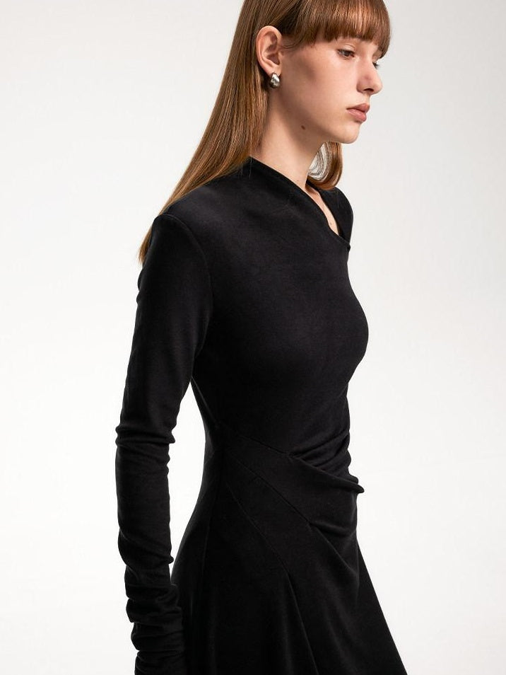 someonesometimes Elegant Long Sleeve Acrylic Blend Asymmetric Hem Women Black Maxi Dresses