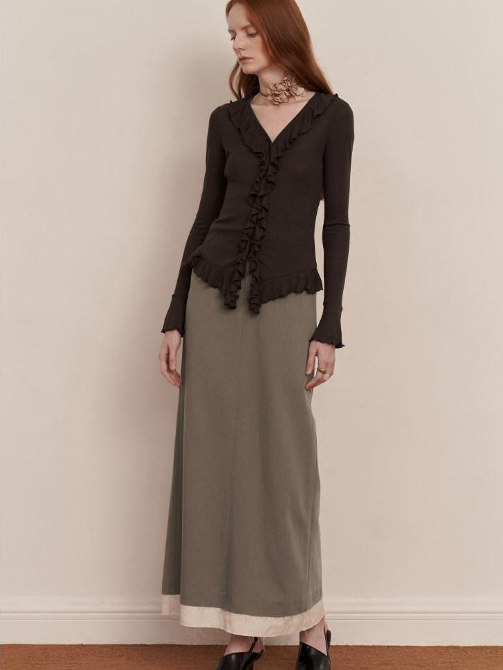 someonesometimes Elegant Patchwork Low Waist H Shape Straight Camel Women Daily Midi Skirts