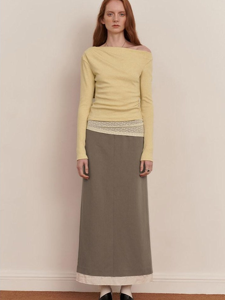someonesometimes Elegant Patchwork Low Waist H Shape Straight Camel Women Daily Midi Skirts
