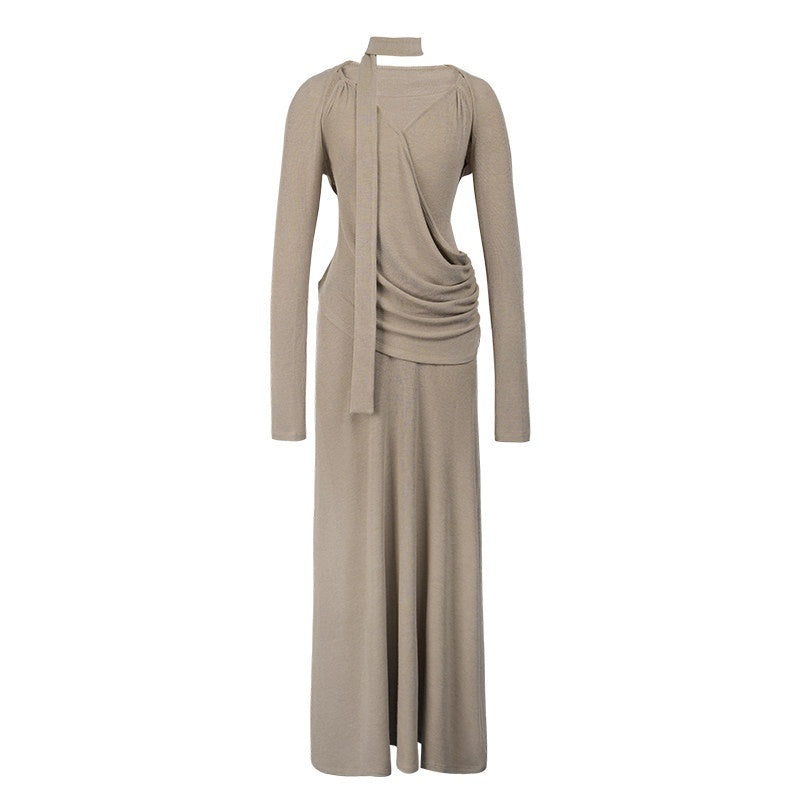 someonesometimes_Elegant_Polyester_Blend_V-neck_Long_Sleeve_Slim_H_Cut_Khaki_Maxi_Dresses_MISSTT