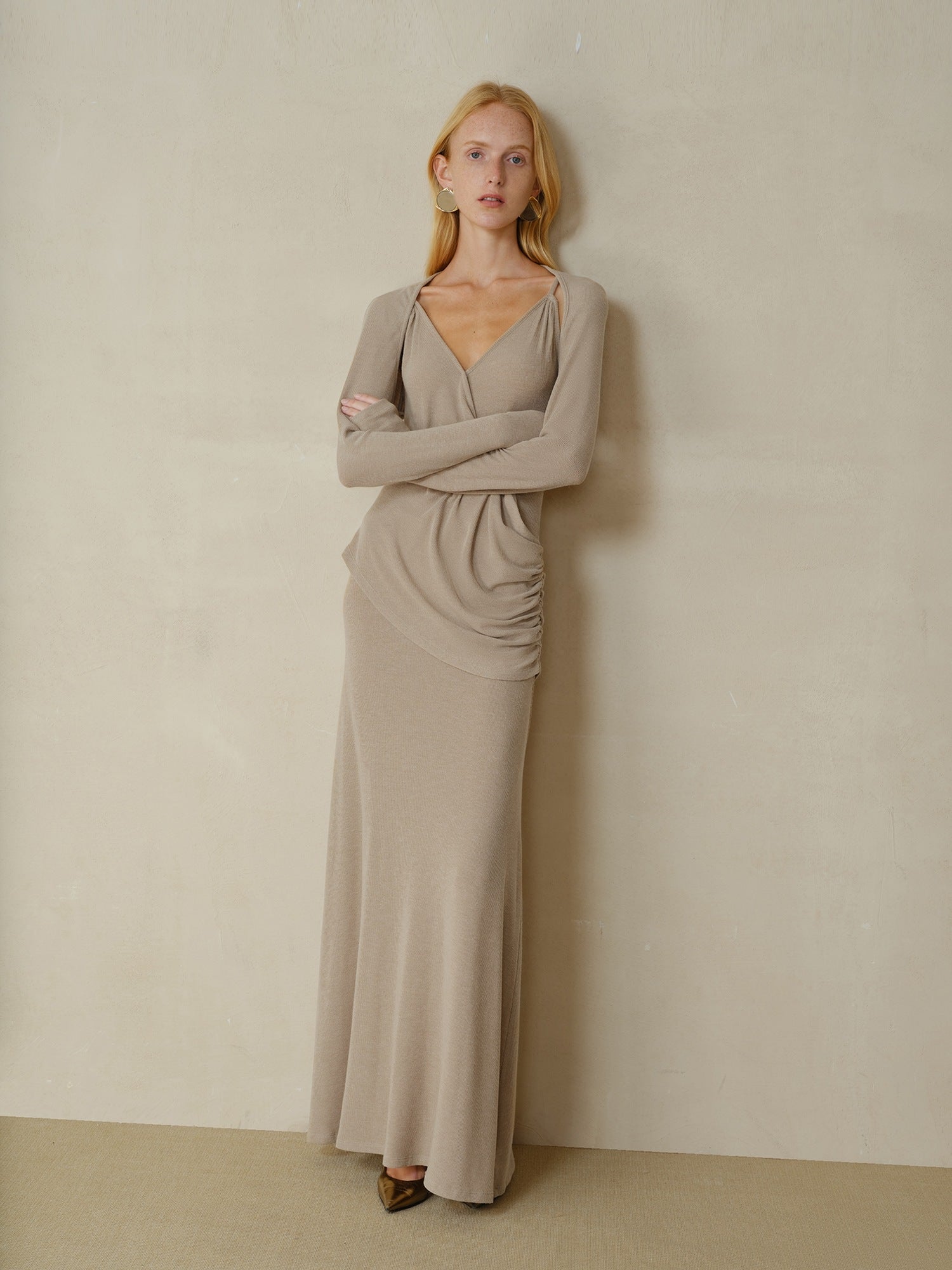 someonesometimes Elegant Polyester Blend V-neck Long Sleeve Slim H Cut Khaki Maxi Dresses