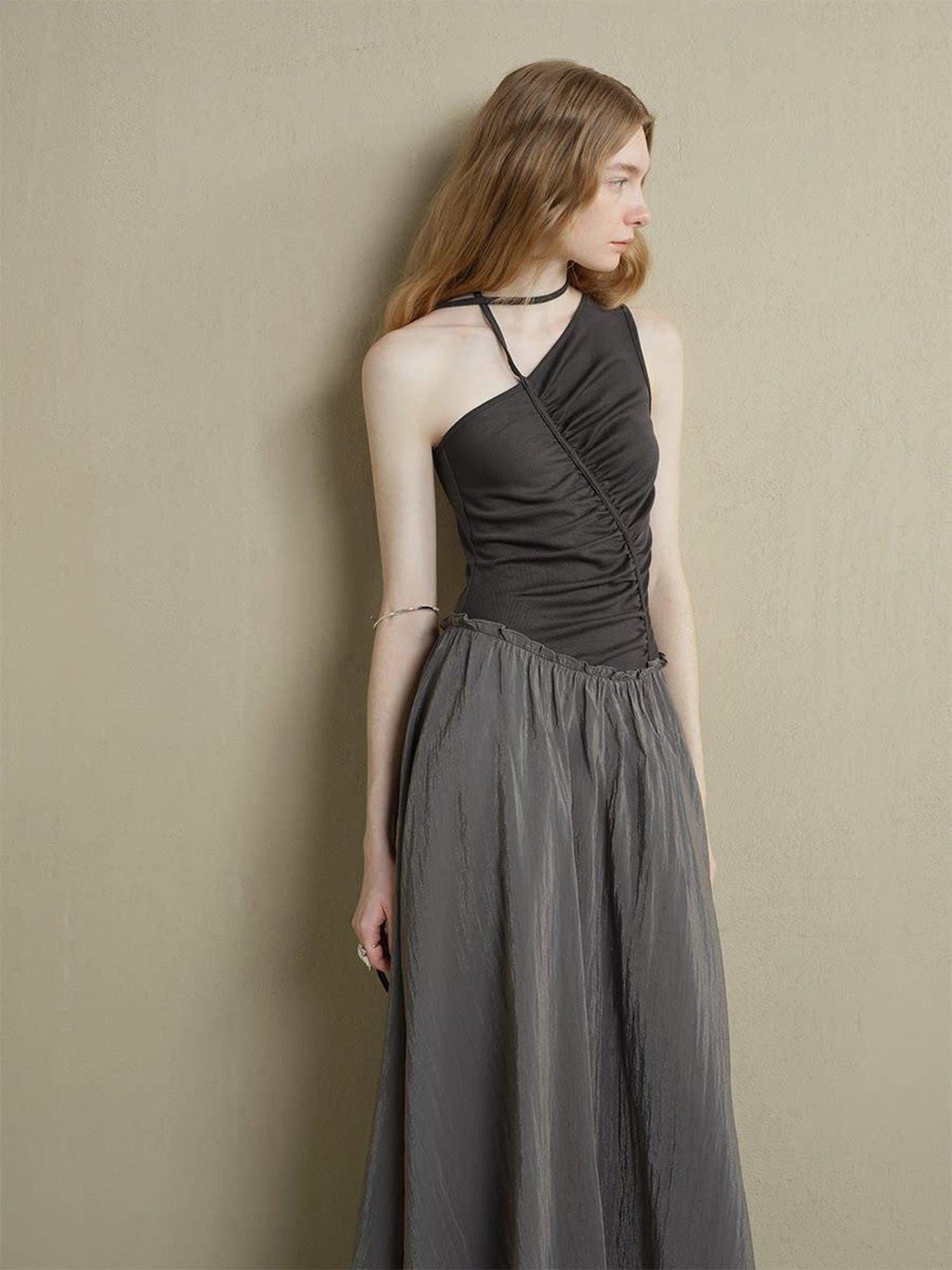 someonesometimes Exquisite High Waist A Line Asymmetric Neck Spaghetti Strap Everyday Maxi Dresses
