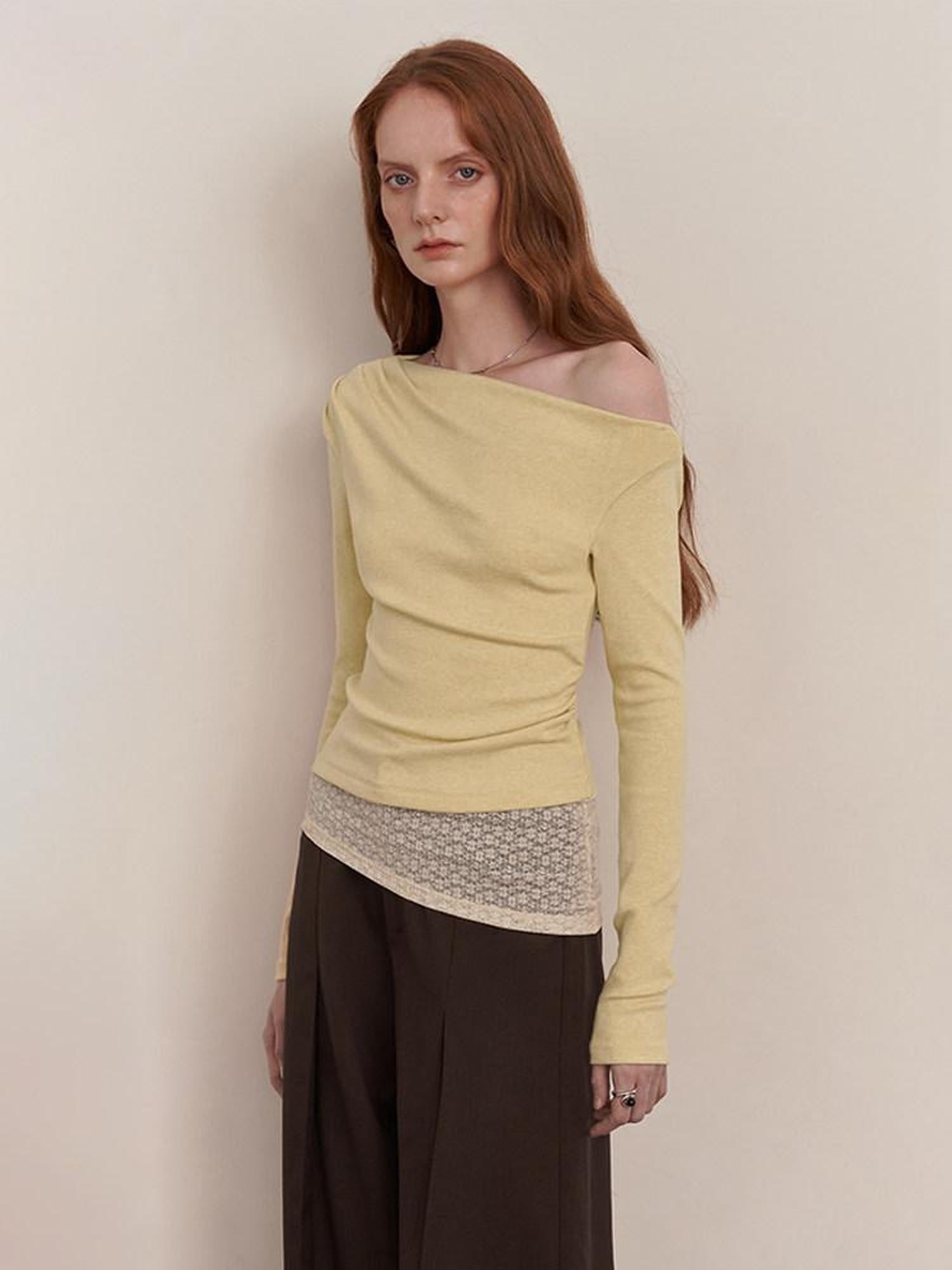 someonesometimes Faux Cashmere Slim Fit Asymmetrical Slant Neck Women Knit Pullover Sweaters
